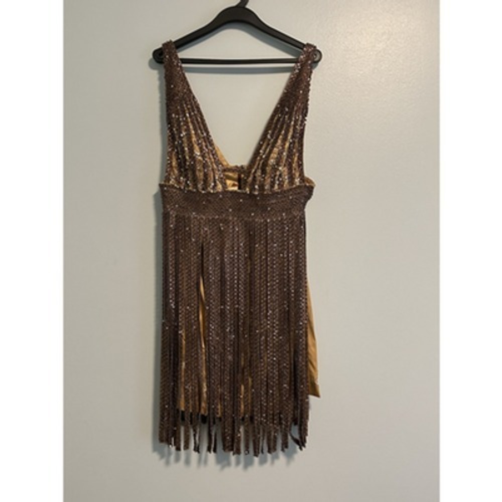 MANDALAY 14 Dress Cocktail Sleeveless Metallic Embellished Fringe Brown NWT VTG